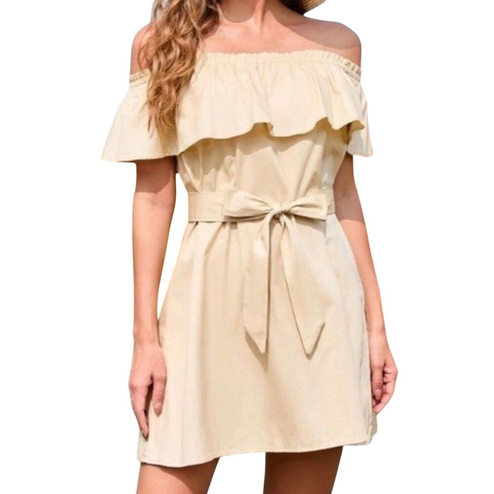 SOLD Cupshe Marlene Ruffle Off Shoulder Mini Dress Tan Tie Waist - Size L - NWT